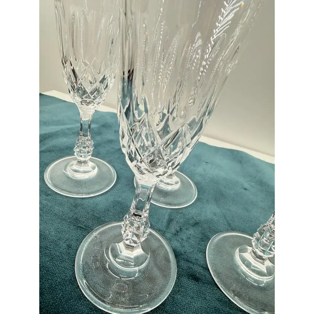 Crystal Champagne Flutes Set Of 4 Cut Glass Faceted Stem Wedding Toasting 7.5 In
